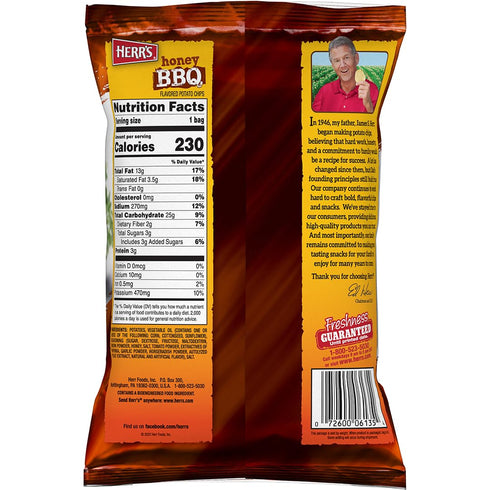 1.5 (Pack 24 Herr's Honey BBQ Potato Chips, Ounce of Bags) Sweet and Smoky Potato Chips Perfect for School, Work