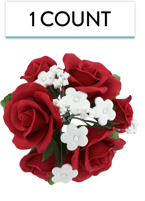 1 Count, Global Sugar Art Garden Rose Sugar Cake Flowers Topper Bouquet, Red with White Filler Flowers, by Chef Alan
