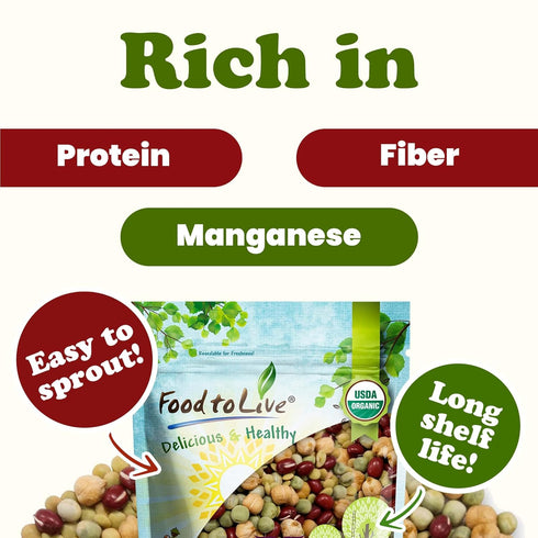 1 Food to Live Organic Crunchy Mix of Sprouting Beans, Pound - Non-GMO, Kosher, Non-Irradiated, Vegan, Raw, Dried, Bulk