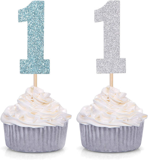 Pack of 24 Blue and Silver Glitter Cupcake Toppers for Baby Boy First Birthday Party Decorations