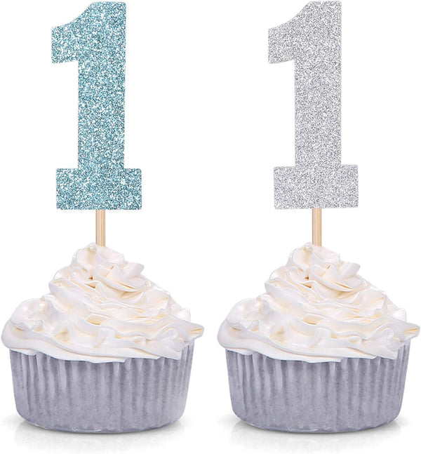 Pack of 24 Blue and Silver Glitter Cupcake Toppers for Baby Boy First Birthday Party Decorations