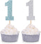 Pack of 24 Blue and Silver Glitter Cupcake Toppers for Baby Boy First Birthday Party Decorations