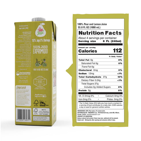 Pura Frutta 33.8 oz (1L) 8-Pack 100% - Pear Juice - fl Juice Box, - Cold-Pressed, Not From Concentrate (NFC), No Sugar