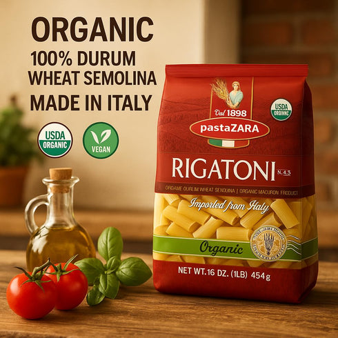 100% (1 LB. PASTA ZARA - Rigatoni - Organic - Italian Pasta, Made with Durum Wheat Semolina Flour, Non GMO, Kosher BAG)