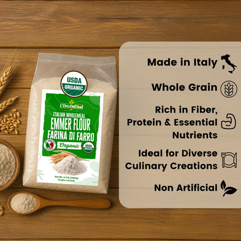 (Emmer) 4.4 lb (2 LOro Del Sud Organic Farro Flour kg), Stone-Ground Ancient Grain Flour from Italy, All-Purpose, High