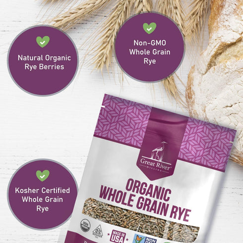 2 Lb Great River Organic Milling Organic Whole Grain Rye Berries | High-Fiber, Nutrient-Rich Ancient Grain | Non-GMO