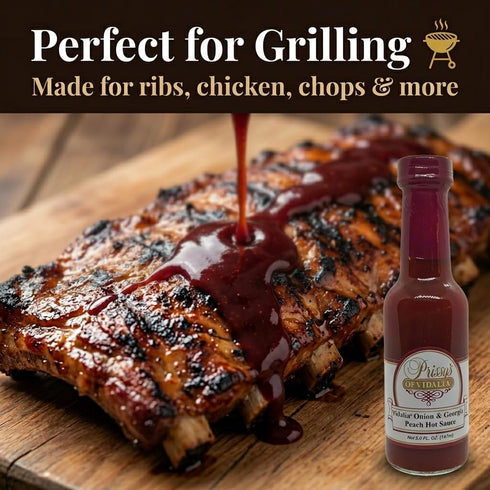 5 Oz (Pack 2) Prissy's Vidalia Onion & Peach Hot Sauce, Award-Winning Gourmet Blend, Bottle
