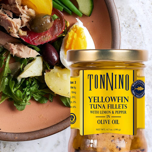 Pack 6 Tonnino Yellowfin Tuna Fish Lemon Pepper in Olive Oil of Alternative to Salmon Protein Snacks Ready to Eat Meals