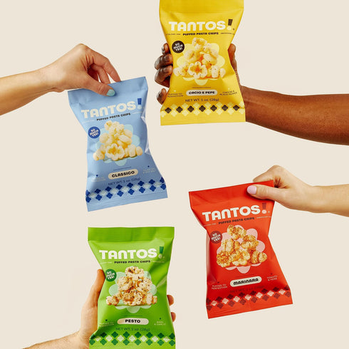 Pack 1 oz, Pack 8 Tantos Puffed Pasta Chips Variety Pesto, Marinara, Cacio e Pepe, Classico Plant Based Low Calorie