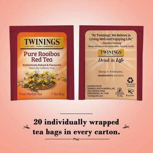 20 Count (Pack 2) Twinings Pure Rooibos Red Tea - A Naturally Sweet and Tangy Red Tea, Caffeine-Free Herbal Tea Bags