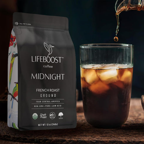 12 Lifeboost Midnight French Roast Coffee Ground - Non-GMO Single Origin USDA Organic Low Acid Coffee French Roast