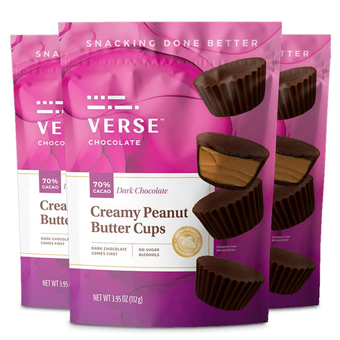 Verse Chocolate Peanut Butter Cups (3 Pack) 70% Dark Chocolate Keto Snacks