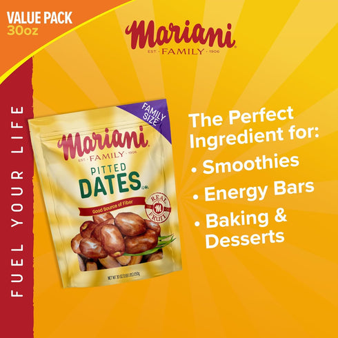 30oz Mariani Dried Pitted Dates, Bag - Dried Dates Pitted No Sugar Added, No Dairy, Vegan, and Full of Fiber