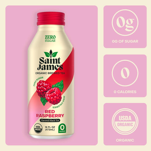 12 Pack (16 oz Saint James Iced Tea - Organic Black Tea - Non-GMO, Gluten Free, Zero Calorie, Zero Sugar - Red