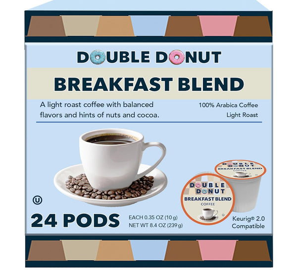 Double Donut Breakfast Blend Fresh Medium Roast Coffee, Single Serve Pods for Keurig K Cup Brewer, 24 Capsules