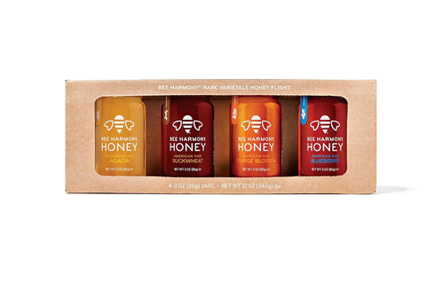 Set, 4 3 OZ Bee Harmony Rare Varietals Honey Flight, Mini Honey Gift Jars, Each, Premium, Raw (Acacia, Buckwheat
