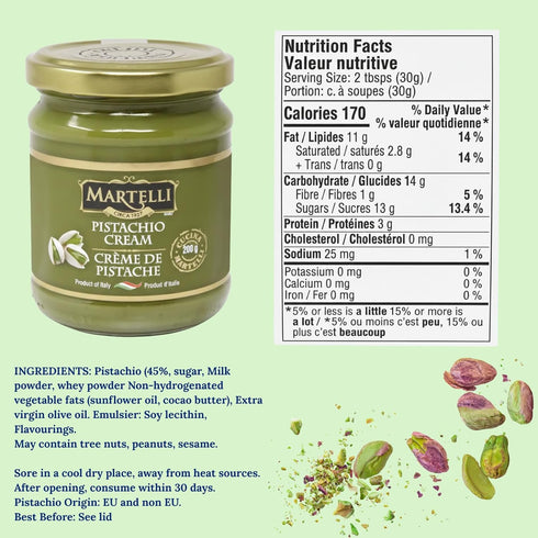 Martelli (45%), 200g (7.05 Oz) Authentic Italian Pistachio Cream - Perfect for Viral Dubai Chocolate Bar Kit Filling