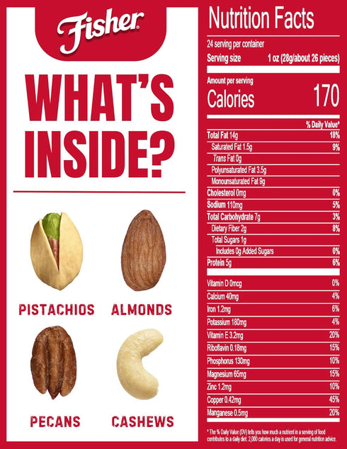 Fisher Oven Roasted Never Fried Deluxe Mixed Nuts, 24 Ounces (Pack of 1), Almonds, Cashews, Pecans, Pistachios, Snacks for Adults, Made With Sea Salt, No Added Oil, Artificial Ingredients or Preservatives, Trail Mix, Gluten Free