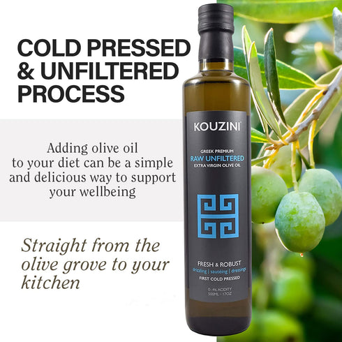 500ml Kouzini Unfiltered Raw Extra Virgin Greek Olive Oil, Greek Extra Virgin Cold Pressed Olive Oil, Single Origin