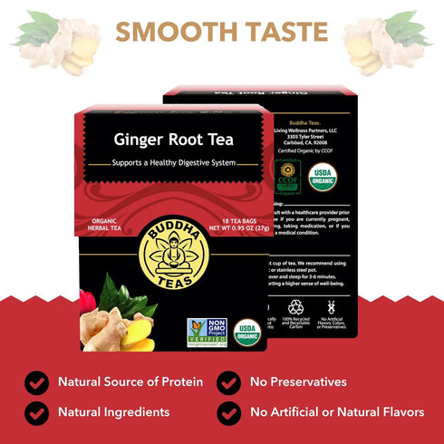 Buddha Teas Organic Ginger Root Tea - Herbal Tea for Health & Wellbeing - Caffeine Free, 18 Tea Bags