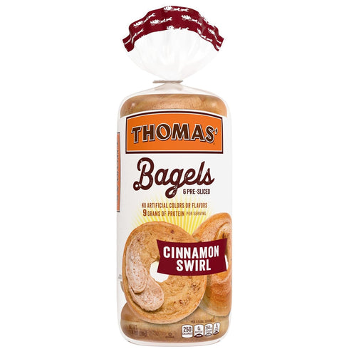 THOMAS' 6 count, (3.0 oz 9g 18 oz Cinnamon Swirl Bagels, each), Protein, Kosher Cinnamon Bagels, Bag
