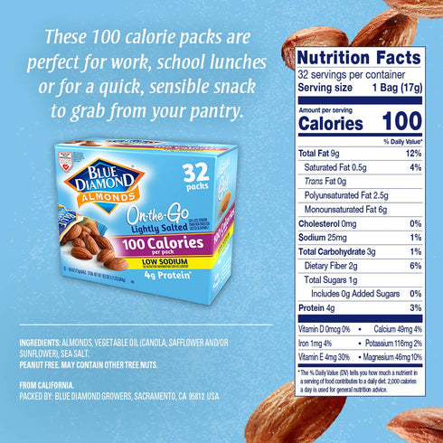100 Packs, 0.6 (Pack 32) Blue Diamond Almonds Low Sodium Lightly Salted Snack Nuts, Calorie Ounce