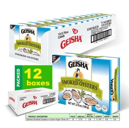 3.75oz(Pack 12), Iron(20% Protein(32% GEISHA Smoked Oysters in Extra Virgin Olive Oil of Smoked Oysters | Zero Trans