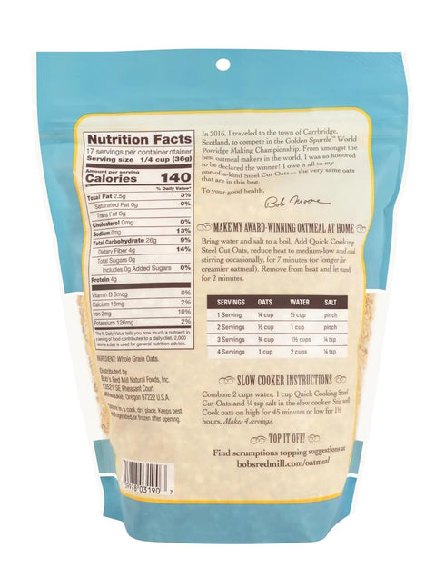 22oz (Pack 4) Bob's Red Mill Quick Cooking Steel Cut Oats, of - Non GMO, Whole Grain, Vegan, Kosher