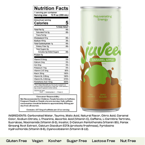 12 oz (12-Pack) 128mg Juvee Rejuvenating Energy Drink Sugar Free Caramel Apple Flavor, Cans Natural Caffeine, Zero