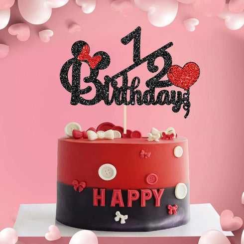 Happy 1/2 Birthday Cake Topper - Black and Red Glitter Mouse Theme Baby Shower Sign for 6 Months Birthday Party