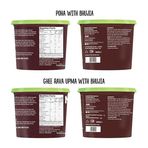 Pack, 2 MOM Meal of the Moment Ready to Eat Breakfast Combo Poha with Bhujia and Rava Upma with Bhujia, Units Each, No