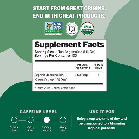 FGO Organic Jasmine Green Tea - 100 Count Eco-Conscious Tea Bags, Resealable Bag