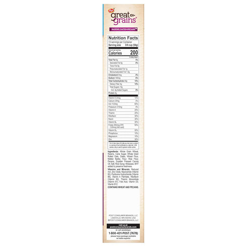 Great Grains 25 OZ (Pack 3) Post Raisins Dates and Pecans Breakfast Cereal, Raisin Cereal with Sweet Dates and Granola
