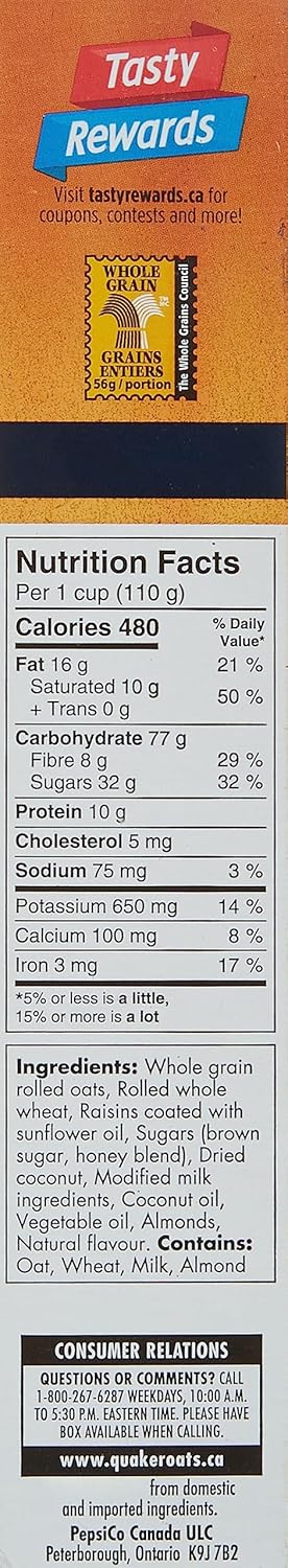 Harvest Crunch 510g/17.8 oz. Quaker Raisin Almond, Box(Imported from Canada)