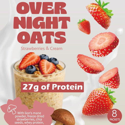 27g (8 Pack) DIET COOKER Mushroom Overnight Oats, of Protein & Strawberry Flavor, High Protein High Fiber Low Fodmap