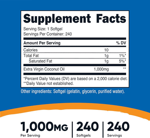 (1000mg) 240 Nutricost Coconut Oil Softgels Softgels - Extra Virgin Coconut Oil - Gluten Free and Non-GMO