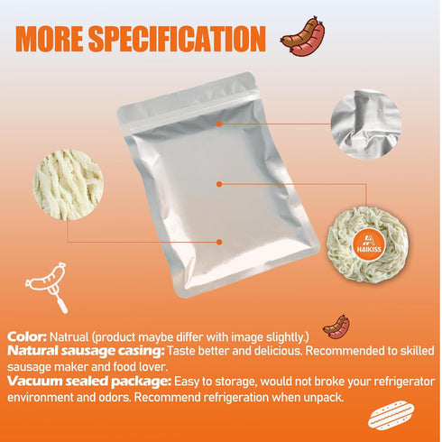 '-10M/32ft,34-36mm Natural Sausage Casing, Edible Casings for Sausage Making, Grade A, Pre-Tubed, Great for Snack