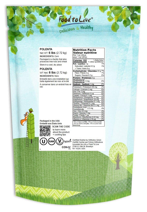 6 Food to Live Yellow Polenta, Pounds - Finely Ground Cornmeal. Product of Italy. Easy to Cook. Creamy, Smooth Texture.