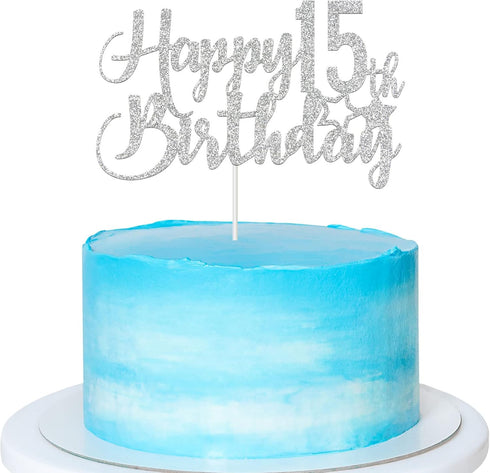 Paroke & Bubble Silver Glitter Happy 15th Birthday Cake Topper for 15th Birthday Party Decoration