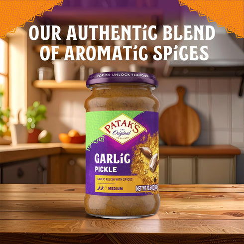 10.6oz (Pack 1) Pataks Garlic Pickle - Authentic Indian Relish w/Garlic Cloves, Raisins & Aromatic Spices - Perfect