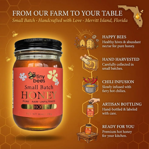 16 oz. 100% Tiny Bees Raw & Unfiltered Hot Honey, All Natural Pure Honey Infused with Chili Peppers, Gluten-Free