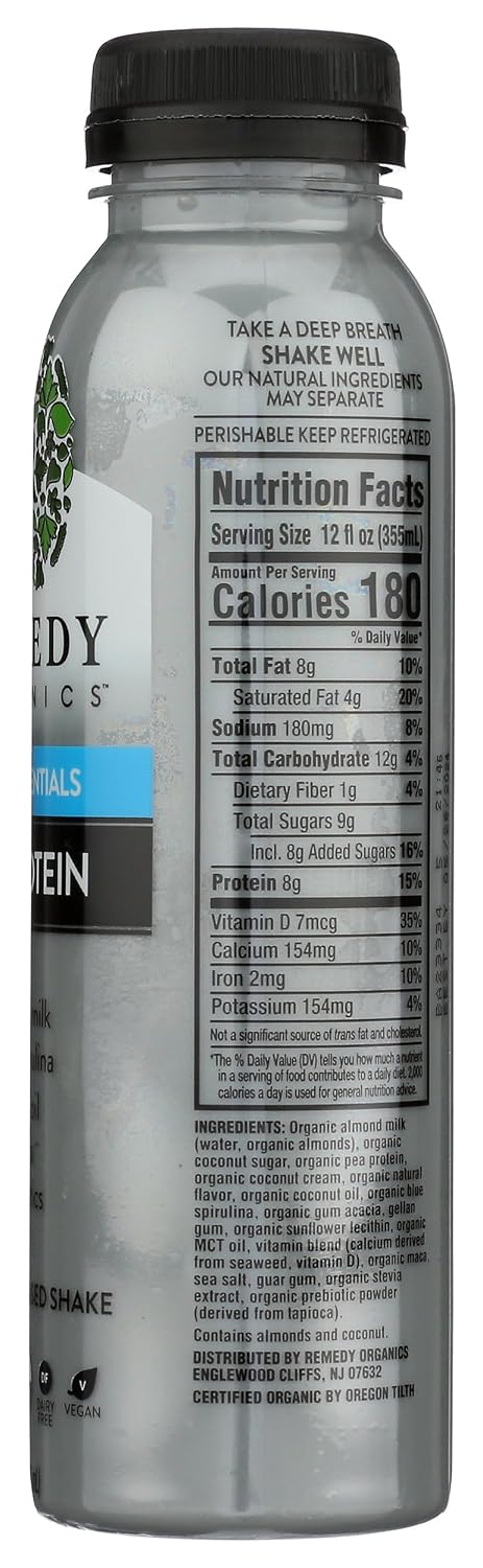 12 Oz Remedy Organics Blue Essentials Fl | Plant Based Protein Shakes, Ready to Drink | USDA Organic, Gluten Free