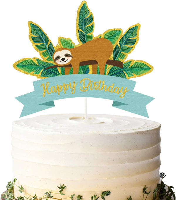 Happy Birthday Cake Topper Glitter Sloth, Sloth Theme Cake Decor, 1 Count, Multi-colored, Brown and Bright