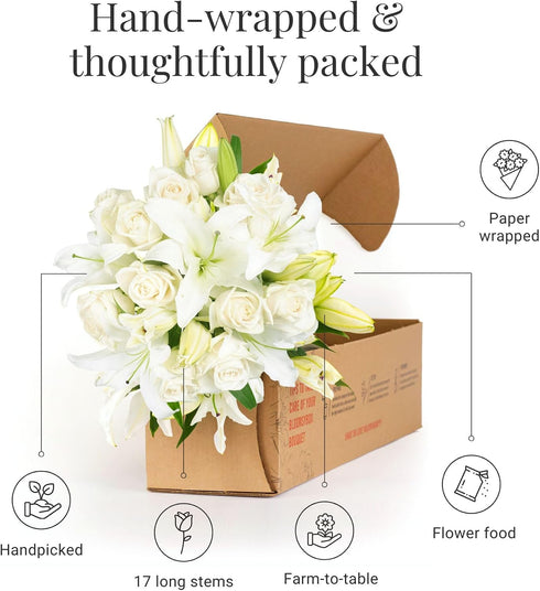 BloomsyBox Elegant White Lilies & Roses (Glass Vase Included) Fresh Flowers for Delivery Birthday Flowers - Send