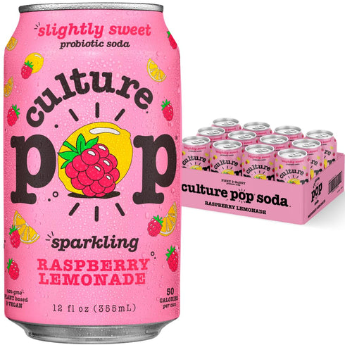 Culture Pop Soda, Sparkling Raspberry Lemonade, Probiotic Low Sugar Drink, Sparkling Juice
