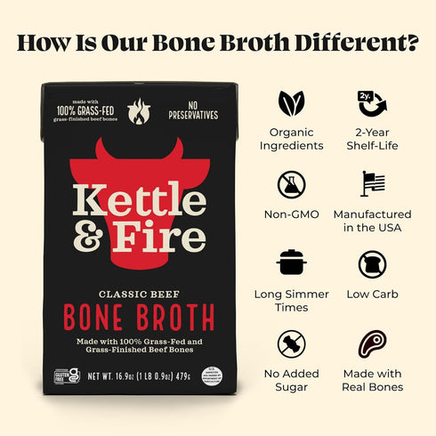30 (6 Pack) Kettle and Fire Classic Beef Bone Broth, Keto, Paleo, and Whole Approved, Gluten Free, High in Protein