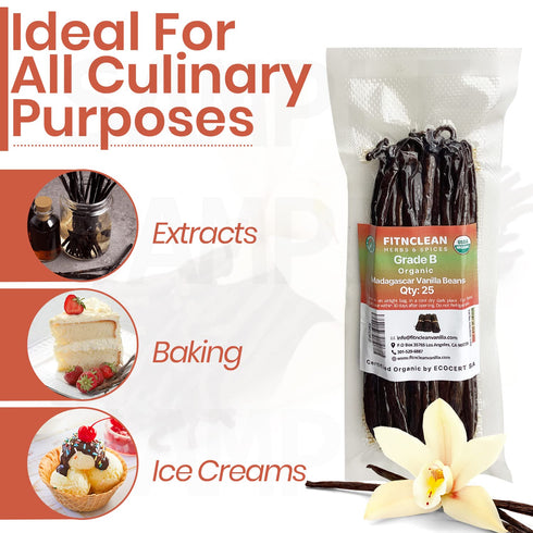 50 5"-7" Madagascar Organic Vanilla Beans Grade B. Certified USDA Organic. by FITNCLEAN VANILLA for extract, Cooking