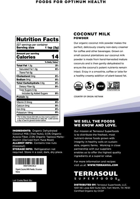 16 Oz Terrasoul Superfoods Organic Coconut Milk Powder, - Plant-Based Creamer | Keto Friendly