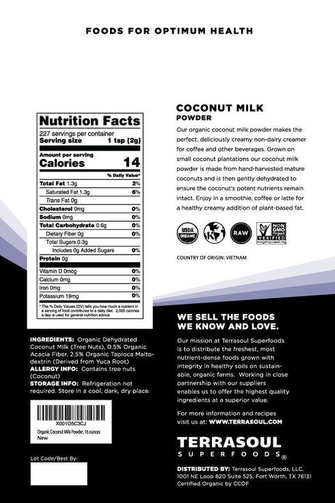 2 Lbs (2 Pack) Terrasoul Superfoods Organic Coconut Milk Powder, - Plant-Based Creamer | Keto Friendly
