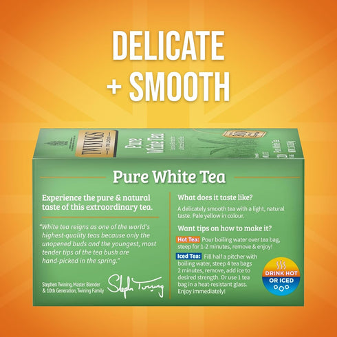 20 Count (Pack 1), 20 Twinings Pure White Tea Individually Wrapped Bags, of Light & Fresh, Caffeinated, Enjoy Hot